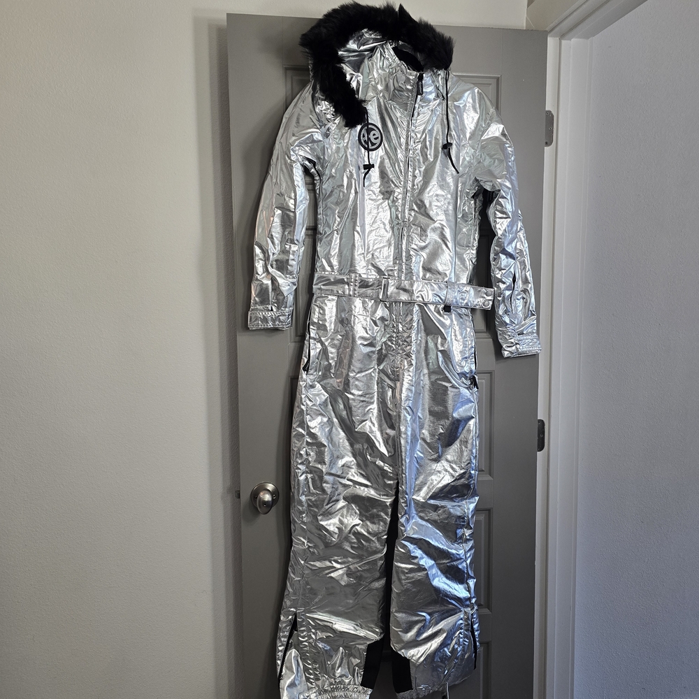 Tipsy Elves Silver Ski Suit with Black Fur Trim